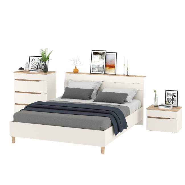 Муссон мебель для спальни: кровать 1600, основание, тумбочка и комод 4-ре ящика цвет белый/дуб эндгрейн элегантный