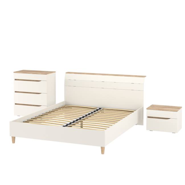 Муссон мебель для спальни: кровать 1600, основание, тумбочка и комод 4-ре ящика цвет белый/дуб эндгрейн элегантный