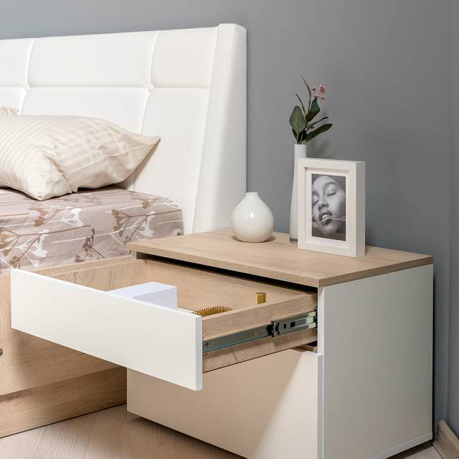 Муссон мебель для спальни: кровать 1600, основание, тумбочка и комод 4-ре ящика цвет белый/дуб эндгрейн элегантный
