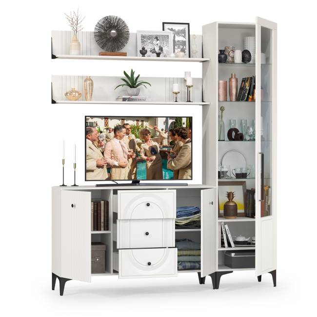 TV-тумба-комод с двумя навесными полками и пенал со стеклом в гостиную Валенсия цвет белый шагрень