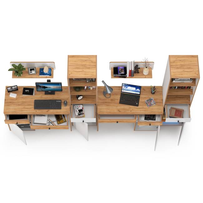 Два письменных стола с открытыми полками Вуди и два пенала для тетрадей и учебников цвет белый премиум/дуб крафт золотой