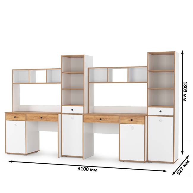 Мебельная стенка в молодёжную комнату для двоих детей Вуди № 17 цвет белый премиум/дуб крафт золотой