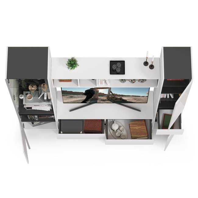 Стенка для гостиной Сидней Комплектация № 23 цвет белый/чёрный/фасады МДФ белый глянец