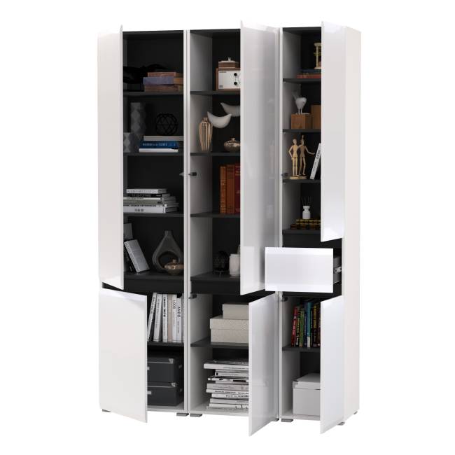 Два шкафа Сидней с дверками и один шкаф Сидней с ящиком цвет белый/чёрный/МДФ белый глянец Два шкафа Сидней с дверками и один шкаф Сидней с ящиком цвет белый/чёрный/МДФ белый глянец