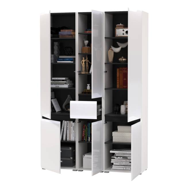 Два шкафа Сидней с дверками и один шкаф Сидней с ящиком цвет белый/чёрный/МДФ белый глянец Два шкафа Сидней с дверками и один шкаф Сидней с ящиком цвет белый/чёрный/МДФ белый глянец