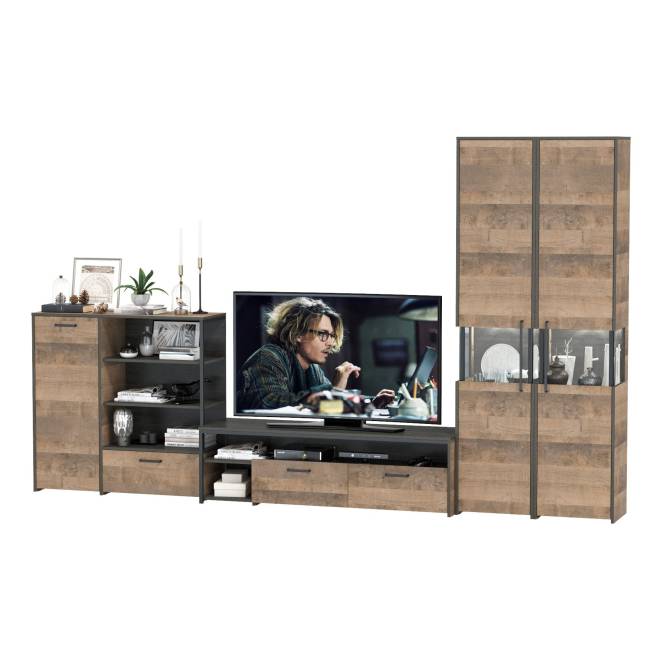 Стенка в гостиную лофт с подсветкой Трувор № 36 цвет дуб гранж песочный/интра