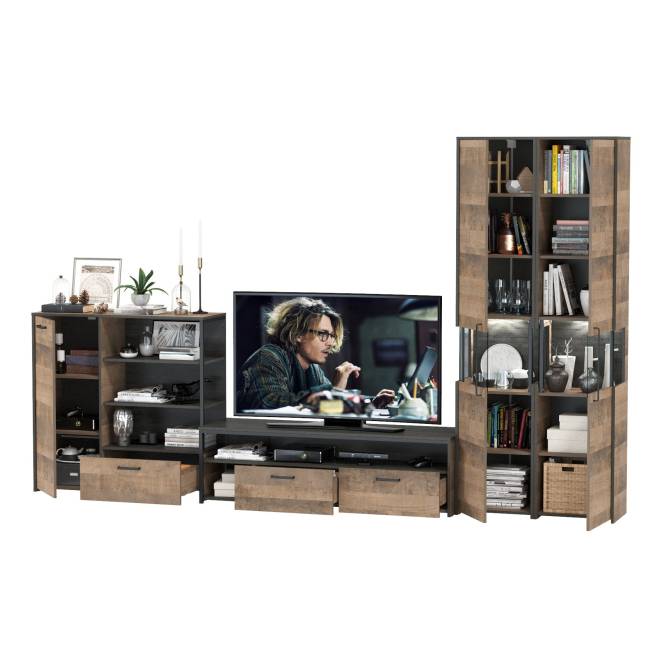 Стенка в гостиную лофт с подсветкой Трувор № 36 цвет дуб гранж песочный/интра