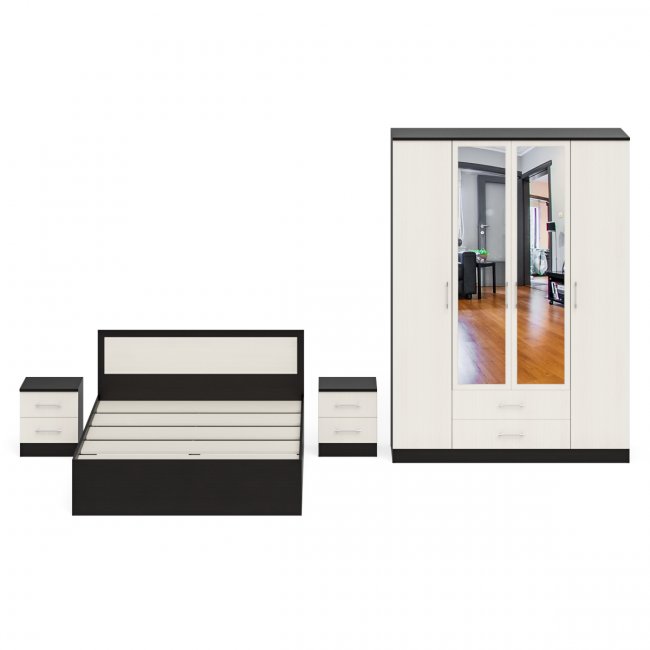 Гарнитур спальный Фиеста Кровать 1400 + Две тумбы + Шкаф 4-х створчатый цвет венге/дуб лоредо