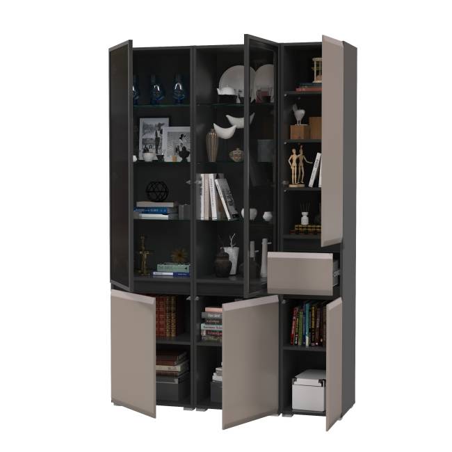 Два шкафа-витрины Сидней 13.201 и пенал-шкаф с ящиком Сидней цвет антрацит/МДФ веллюто капучино