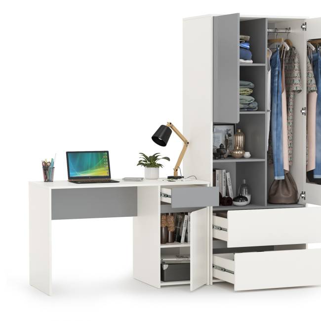 Стол рабочий со шкафом для одежды Торонто цвет белый шагрень/стальной серый