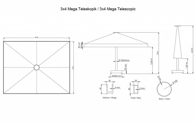 Зонт профессиональный 3х4 м Mega Telescopic 3000х4000 мм