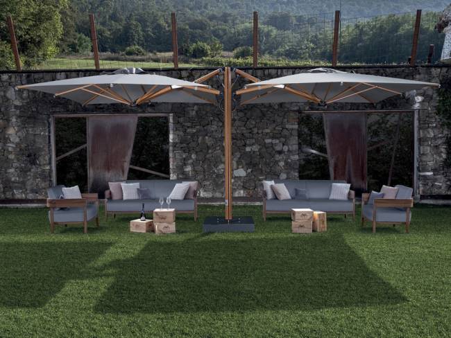 Зонт профессиональный двухкупольный 2.9х6.3 м Galaxia Dual T Timber имитация ироко, серебристо-серый 2900х6300 мм