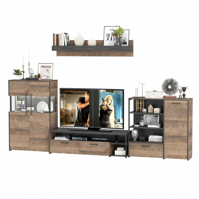 Стенка в гостиную с подсветкой в стиле лофт Трувор № 53 цвет дуб гранж песочный/интра