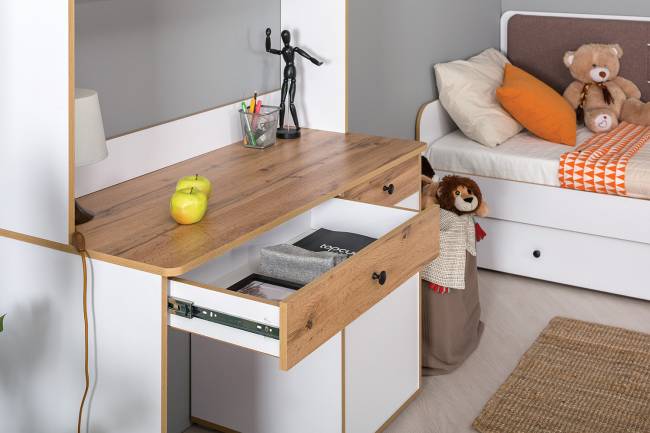 Письменный стол с надстройкой Вуди цвет белый премиум/дуб крафт золотой