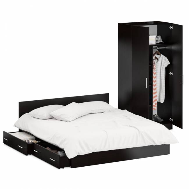 Двуспальная кровать с ящиками 1800 со шкафом для одежды 2-х створчатым Стандарт цвет венге