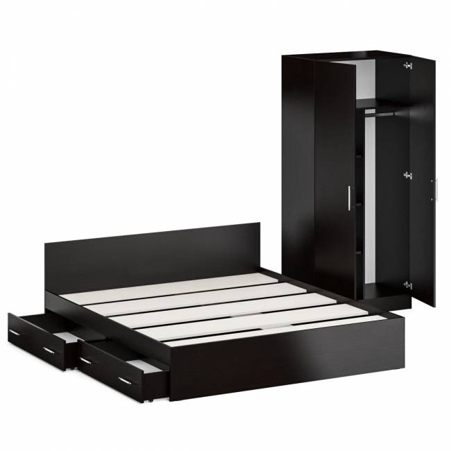 Двуспальная кровать с ящиками 1800 со шкафом для одежды 2-х створчатым Стандарт цвет венге