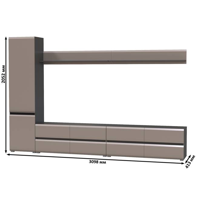 Две тумбы для телевизора с двумя верхними полочками и шкаф с дверками Сидней цвет антрацит/МДФ веллюто капучино