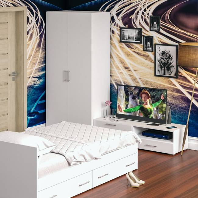 Спальня белая Стандарт № 3 с кроватью 1200 с ящиками цвет белый/фасады ТВ тумбы МДФ белый глянец