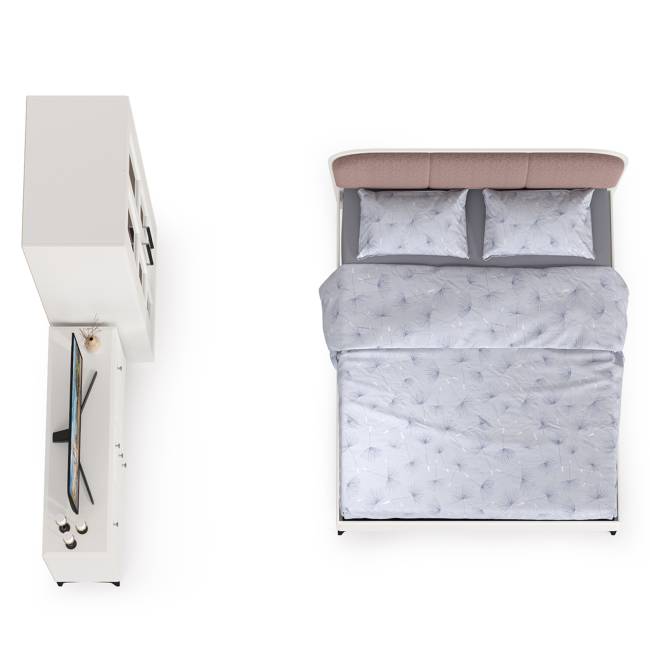 Двуспальная кровать 1600 с мягкой спинкой Валенсия с комодом и шкафом цвет белый шагрень/ткань велутто 19