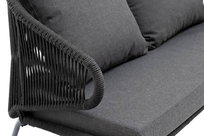 "Милан" диван 2-местный плетеный из роупа, каркас алюминий темно-серый (RAL7024) муар, роуп темно-серый круглый, ткань темно-серая 027 "Милан" диван 2-местный плетеный из роупа, каркас алюминий темно-серый (RAL7024) муар, роуп темно-серый круглый, ткань темно-серая 027