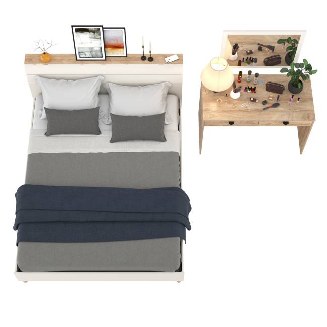 Двуспальная кровать на 1600 Муссон 11.41 с основанием и столиком с зеркалом цвет белый/дуб эндгрейн элегантный Двуспальная кровать на 1600 Муссон 11.41 с основанием и столиком с зеркалом цвет белый/дуб эндгрейн элегантный