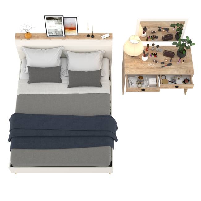 Двуспальная кровать на 1600 Муссон 11.41 с основанием и столиком с зеркалом цвет белый/дуб эндгрейн элегантный Двуспальная кровать на 1600 Муссон 11.41 с основанием и столиком с зеркалом цвет белый/дуб эндгрейн элегантный