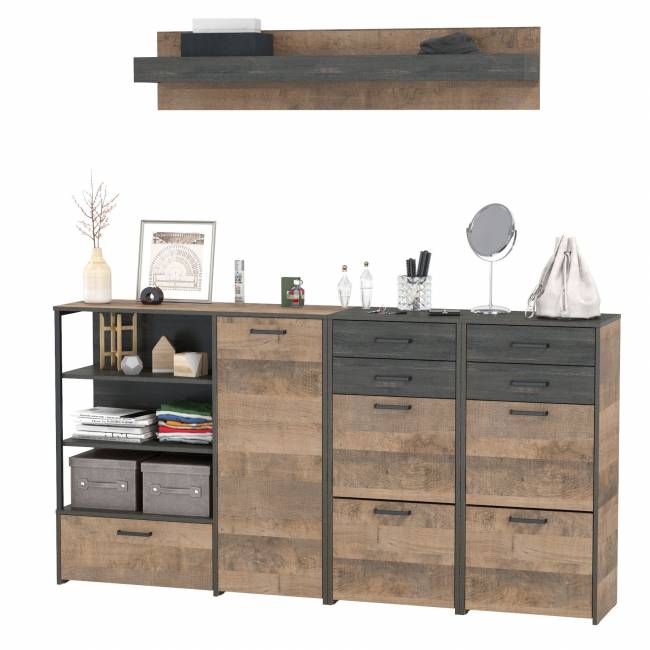 Комод-тумба в прихожую с навесной полкой и двумя обувницами с ящиками Трувор цвет дуб гранж песочный/интра